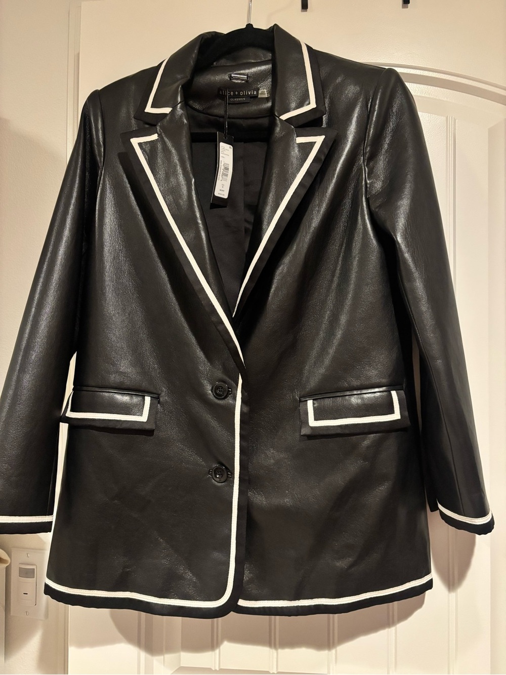 Alice + Olivia Black Faux Leather Blazer with White Piping